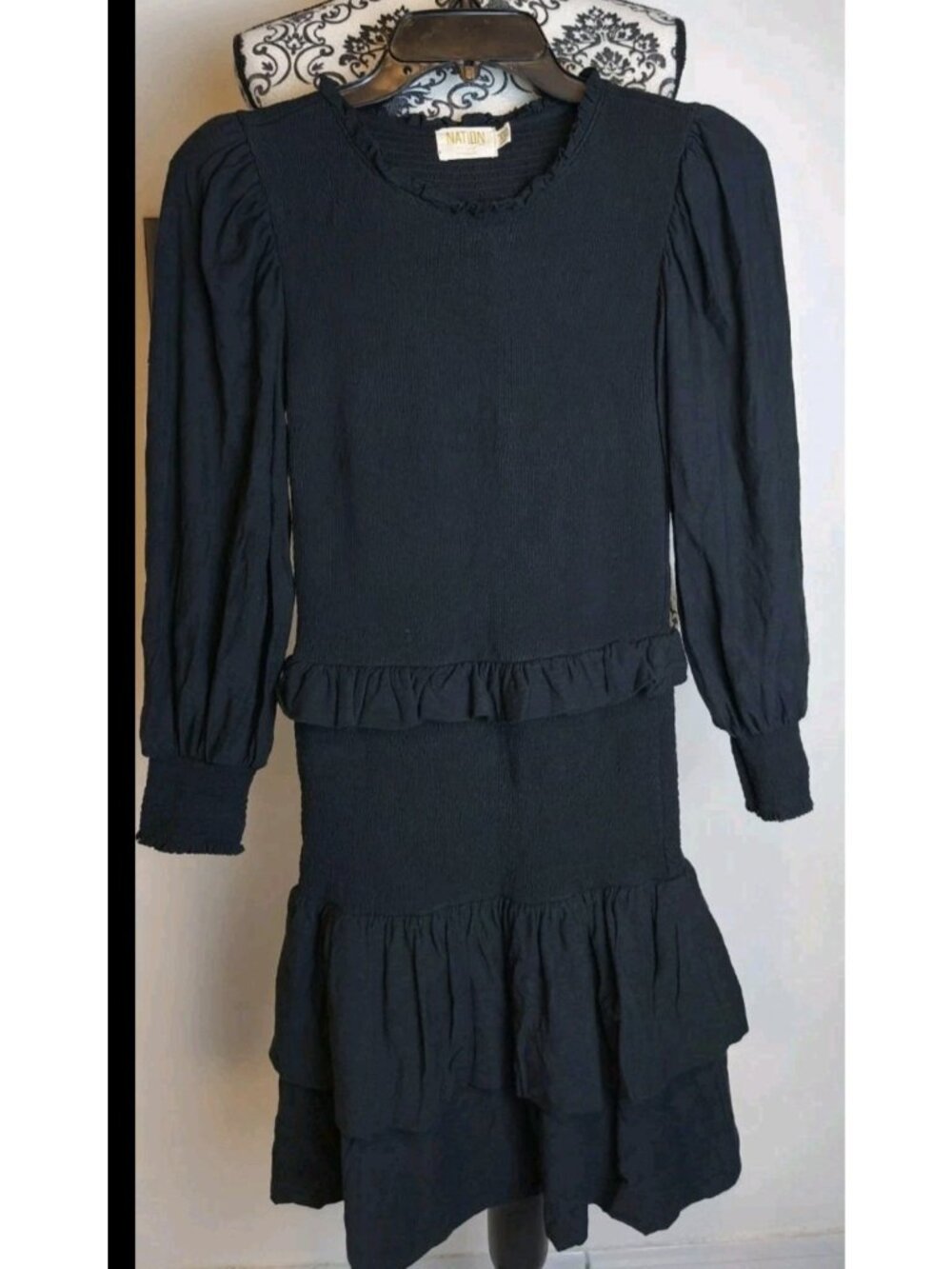 Nation LTD Black Smocked Tiered Ruffle Dress XS Pima Cotton Long Sleeve Boho